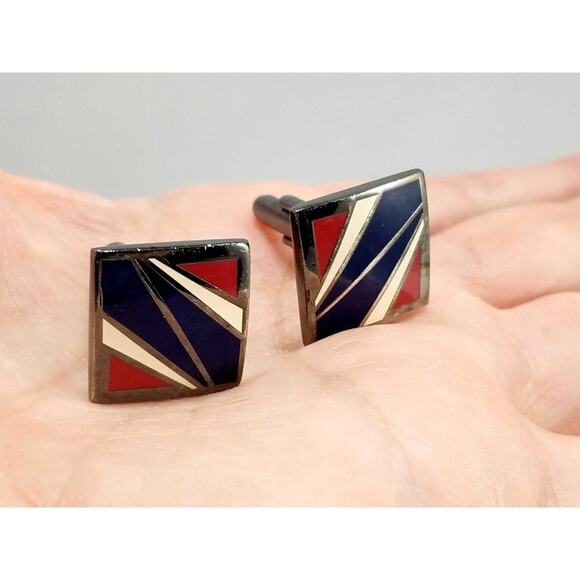 Vintage Designer Cuff Links, Joseph Abboud, Red White Blue Enamel, 1990s, 3/4 In - Picture 8 of 10